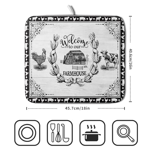 Farm Animal Dish Drying Mat 16x18 Inch Welcome to Our Farmhouse Microfiber Dish Drainer Pads Absorbent Fast Dry Kitchen Accessories (farm animal / 16" x 18")