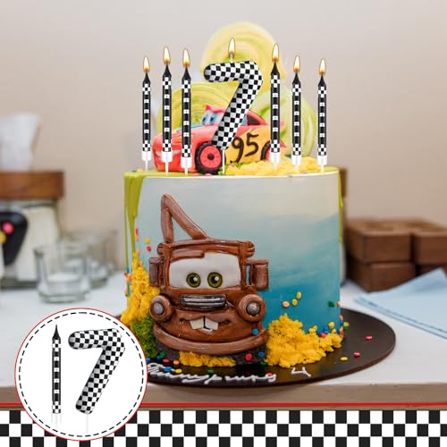 13 Pcs Racing Cars Themed Birthday Candles Black and White Race Number 7 Checkered Candle Cake Topper for Racing Car Party Decoration Supplies (13 Count)