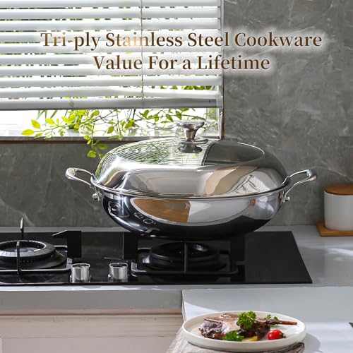 14 Inch Stainless Steel Nonstick Wok Pan with Lid 6Qt Pot (14 Inch/Double Handle)