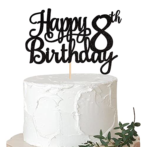 1 PCS Happy 8th Birthday Cake Topper Glitter Cheers to 8 Years Cake Pick Number 8 Fabulous Cake Decoration for 8th Birthday Theme Party Decorations Supplies Black (Black / 8th)