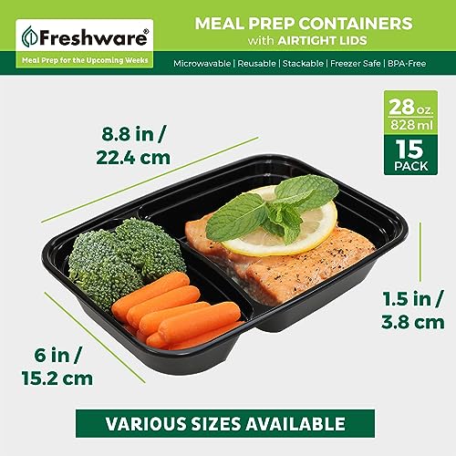 Meal Prep Containers [15 Pack] 2 Compartment with Lids (Black / 2-COMP-28OZ-15PK)
