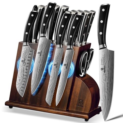 15 PC Magnetic Knife Sets for Kitchen with Block