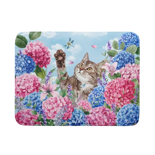 Cute Dish Drying Mats for Kitchen Counter Large 18 X 24 In（Spring Cat Blue） (Colorful Hydrangea Cat / 24" x 18")