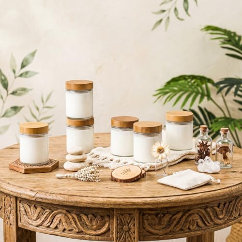 24 Pcs 8oz Glass Jars with Lids Empty Small Glass Containers and Inner Liners Reusable Cosmetic Jars Round Airtight Bottles with Plastic Wood Grain Lids for Travel (Walnut Wood Grain / 8 oz)