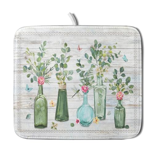 Fern Leaf Vase Dish Drying Mat 16x18 Inch Eucalyptus Leaves Microfiber Absorbent Dish Drainer Mat Reversible Drying Pad for Kitchen Counter Sink (Fern Leaf Vase / 16" x 18")