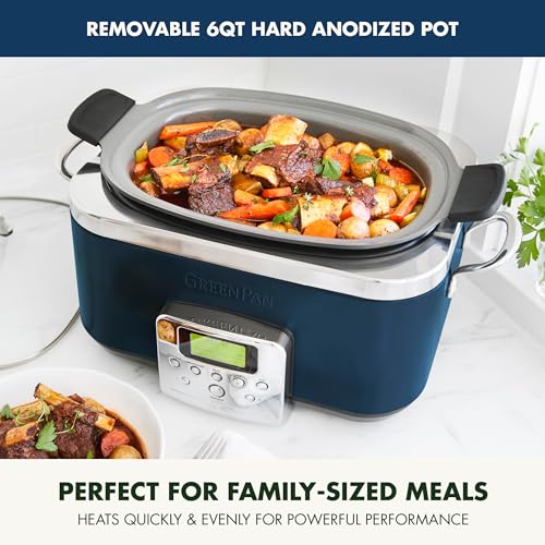 Elite 8-in-1 Programmable 6QT Electric Slow Cooker,Dishwasher Safe Lid & Removable Crock, PFAS-Free Healthy Ceramic Nonstick Multi-Cooker,Sear, Sauté,Brown,Steam Basket,Roast, Oxford Blue (6 Quarts / Oxford Blue)