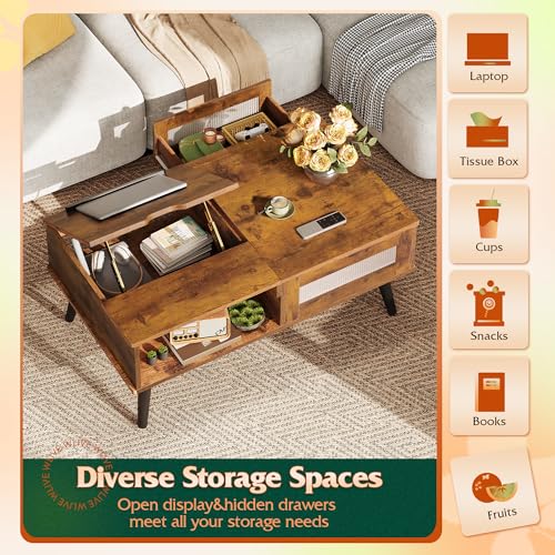 Coffee Table Lift Top Coffee Table with Storage Shelf (Retro Brown / 39" with Drawer)