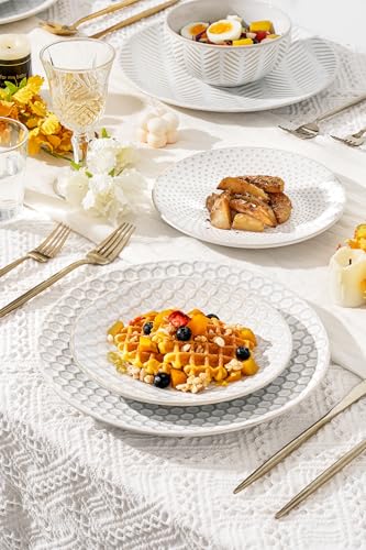 16 Piece Ceramic Dinnerware Set with Mugs (White-Mixed Embossment / Service for 4-16Pcs (with Mugs))