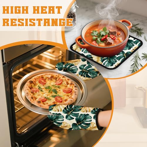 Palm Leaf Golden Tropical Oven Mitts and Pot Holders Set (4 Count)
