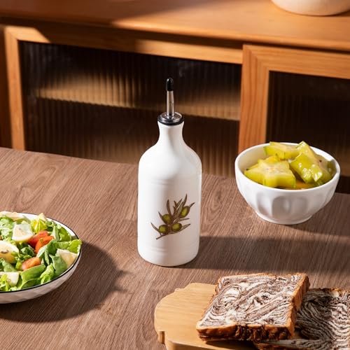 Sweejar Ceramic Olive Oil Dispenser Bottle (15.5 oz, Set of 1 / Olive Leaf White)