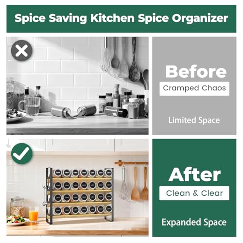 Spice Seasoning Rack Organizer Kitchen Countertop (Matte Black+Bamboo)