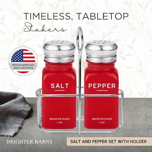 Red Salt and Pepper Shakers Set with Holder by Brighter Barns (Red)