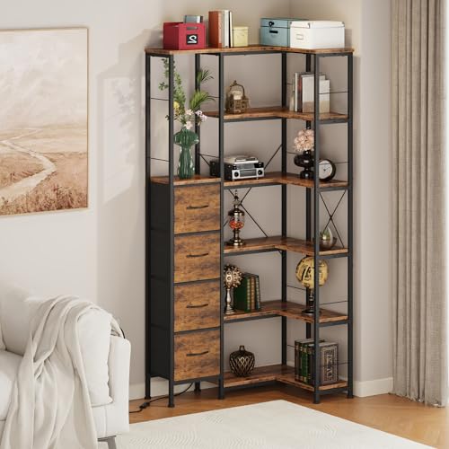 6 Tier Corner Bookshelf with LED and 4 Fabric Drawers (7 Count)