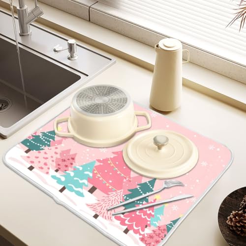 Christmas Tree Pink Dish Drying Mat for Kitchen Counter Absorbent Microfiber Large Drying Pad Winter White Snowflake Xmas Dish Mats for Kitchen Countertops 18 x 24 Inch (Christmas Tree Pink / 24" x 18")