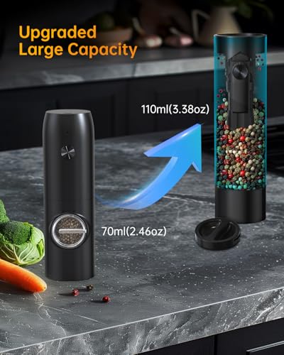 Rechargeable Electric Salt and Pepper Grinder Set Automatic Pepper Mill Grinders with Charging Base (Black)