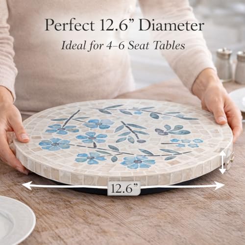 12.6” Handcrafted Capiz Shell Mosaic Lazy Susan (Blue Dogwood Flower / Standard)