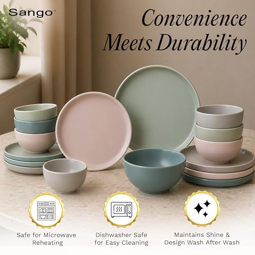 16 Piece Stoneware Dinnerware Set for 4 (Green/Sand/White / 16-Piece Set)