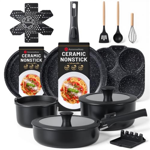 21 Piece Ceramic Pots and Pans Set Non Stick with Detachable Handles and Egg Frying Pan (Egg Pan Set)