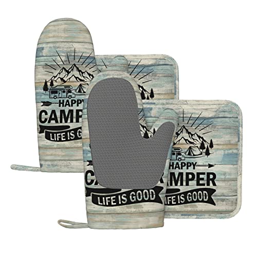 Happy Camper Oven Mitts and Pot Holders Sets of 4 (One Size / Silicone Camper)