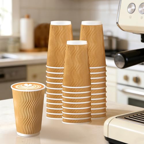 500 Pack 16oz Insulated Disposable Paper Coffee Cups Champagne (Champagne-500 / 16 oz)