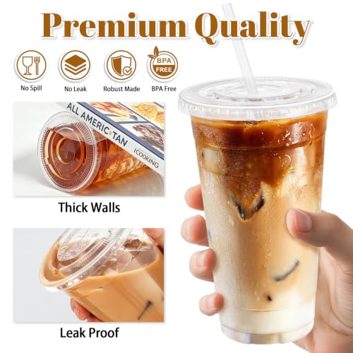50 Pack 24 oz Clear Plastic Cups with Lids and Straws Disposable (Clear / 24 oz)