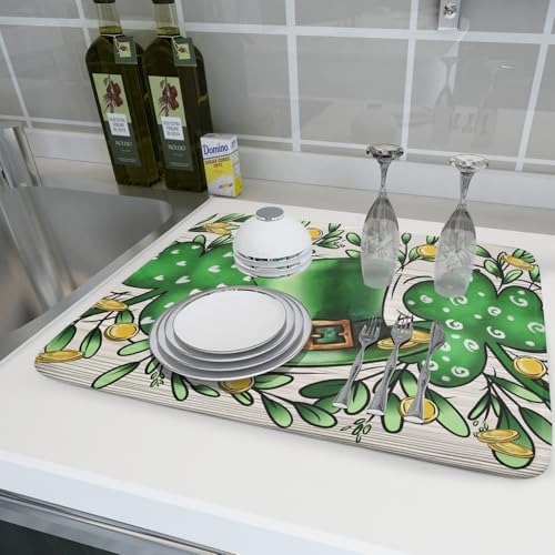 St Patrick's Day Shamrock Dish Drying Mat 18x24 inch Eucalyptus Leaves Dishes Pad Dish Drainer Mats Absorbent Fast Dry Kitchen Accessories (Shamrock Leaves / 18" x 24")