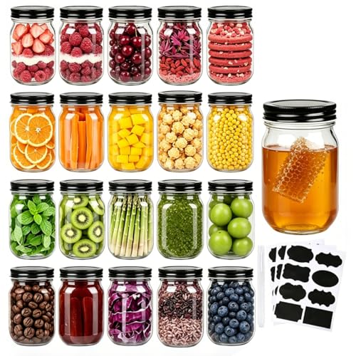 20 Pack Mason Jars (12oz - Black Lid)