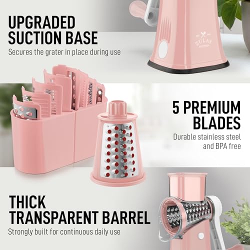 Rotary Cheese Grater Manual Hand Crank 5 Blade Shredder (5 Blades / Peach & White)