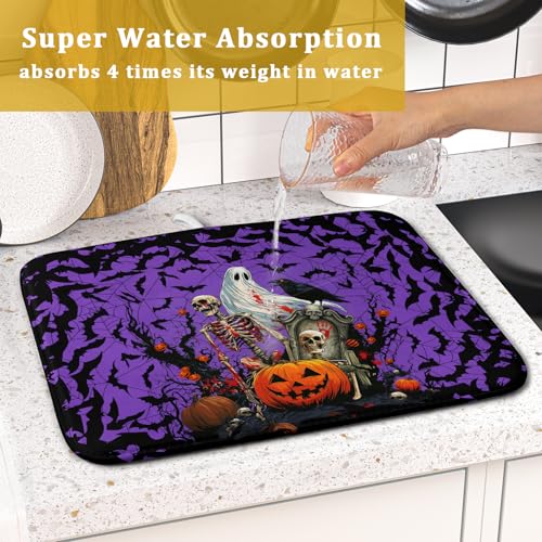 Halloween Pumpkin Dish Drying Mat 16x18 inch Spooky Ghost Bat Dish Rack Mats Microfiber Draining Pad Fast Dry Holiday Kitchen Accessories (Halloween Purple / 16x18 inch)