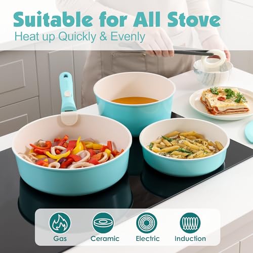 17 Piece Ceramic Detachable Handle Pots and Pans Set Turquoise (Turquoise / 17 Piece)