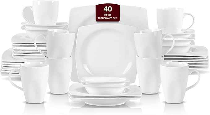 HomeVss, New Bone China Dinnerware SEt, Rim Square Shape, 40pc Set