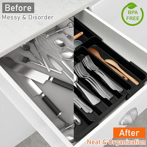 Expandable Silverware Drawer Organizer (Black / M(9.5-15.2"W x 12.6-19"D))