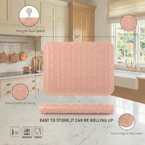 Silicone Dish Drying Mat for Multiple Usage (Pink / 24"L x 18"W)