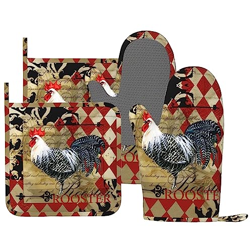 Rooster Print Oven Mitts and Pot Holders Sets Silicone Rooster Kitchen Mitts Potholders Heat Resistant 4Pcs Oven Gloves Hot Pads for Kitchen Baking Cooking BBQ Grilling (Rooster)