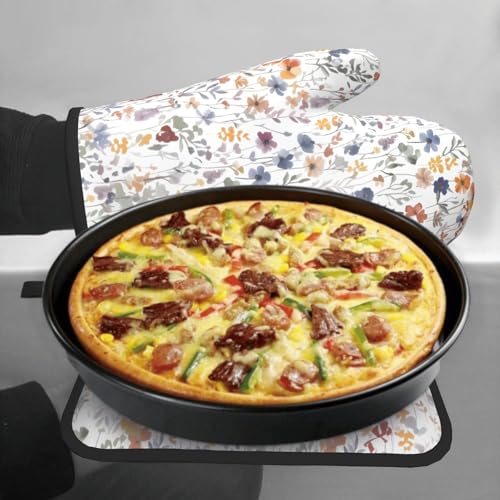 Watercolor Floral Oven Mitts and Pot Holder Kitchen Accessories Sets Botanical Leaf Heat Resistant Cooking Grilling Baking Gloves Hot Pads (Watercolor Floral)