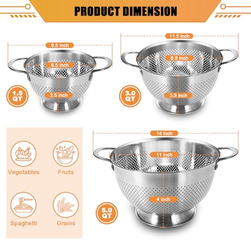 Stainless Steel Colander Set of 3 (1.5/3/5 QT)