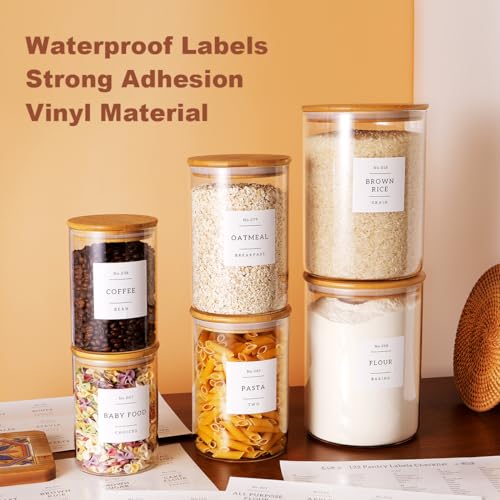 Set of 6 Glass Flour and Sugar jars with 132 Kitchen Pantry Labels