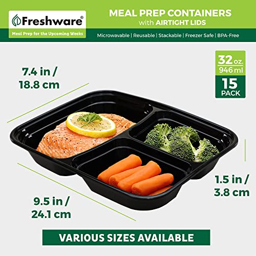 Meal Prep Containers [15 Pack] 3 Compartment with Lids (32OZ-15PK)
