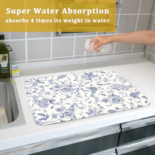 Chinoiserie Flower Dish Drying Mat Blue Leaves Dishes Drying Pad Reusable Washable Kitchen Countertop Protector Dish Drainer Mat 18x24 Inch (Chinoiserie Flower / 24" x 18")