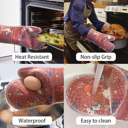 Oven Mitts with Transparent Clear Silicone Shell and Nice Shell Flower Printing (Oven mitts / Rooster Flower)