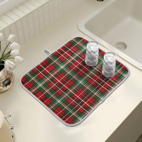 Christmas Red Green Buffalo Checkered Dish Drying Mat for Kitchen Counter Absorbent Microfiber Small Drying Pad Dish Mats for Kitchen Countertops 16 x 18 Inch (18" x 16")