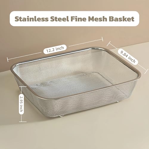 18 8 Stainless Steel Fine Mesh Strainer Basket with Feet (12.2 inch / Sleek Square)