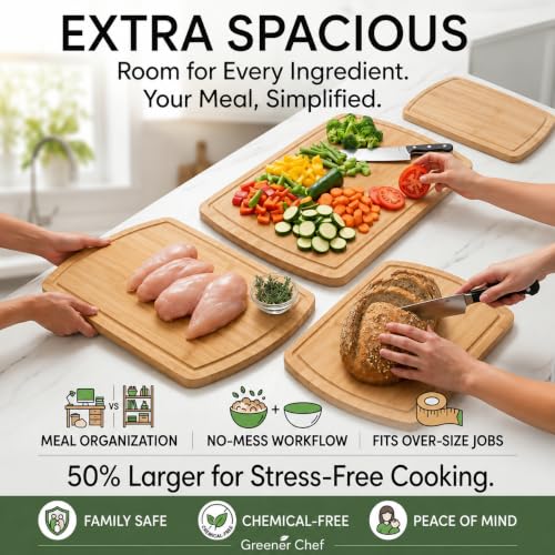 SAFEST Extra Large Bamboo Cutting Board Set of 3 with Glue (Glue-Free Surface - Round)
