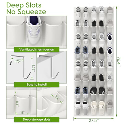 Over the Door Shoe Organizer with 40 Large Breathable Mesh Pockets (White / 80 Pockets)