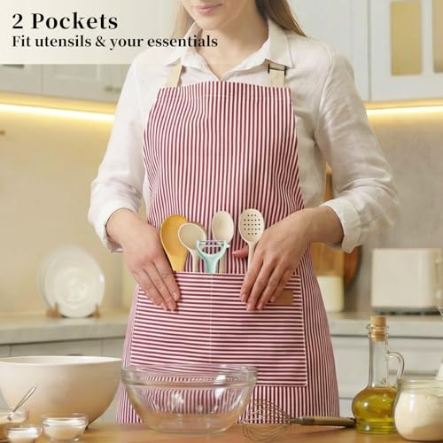2 Pack Cooking Aprons Adjustable Bib Apron for Women with 2 Pockets (Pink/Beige Stripes)