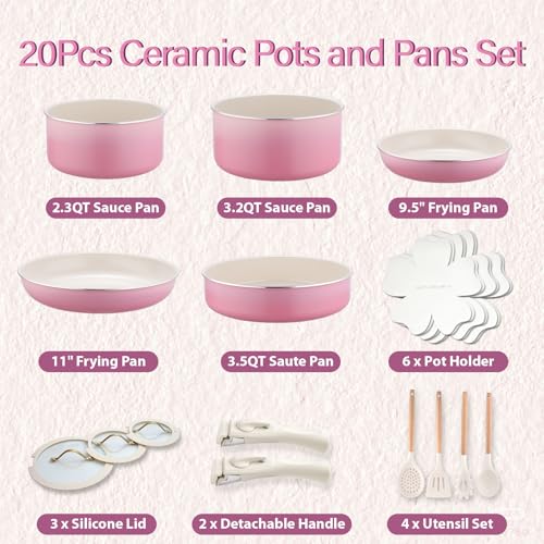 20pcs Ceramic Cookware Set Nonstick (Pink / 20 Piece Set)