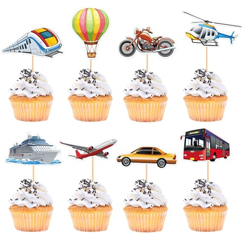 24Pcs Printed Transportation Cupcake Toppers Train Hot Air Balloon Motorcycle Bus Boat Airplane Cupcake Picks for Transportation Theme Baby Shower Boys Girls Birthday Party Decorations (White)