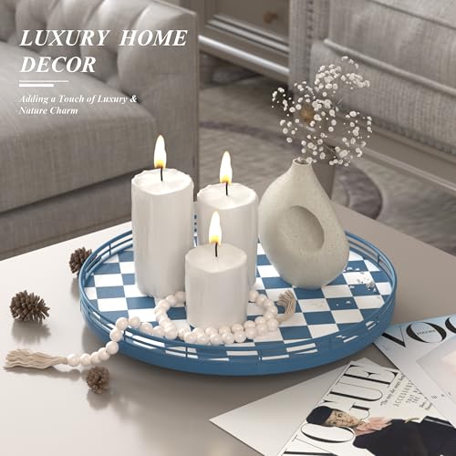 Blue and White Checkerboard Lazy Susan with Rubberwood Base and Metal Rail (Blue & White / 13 inches)