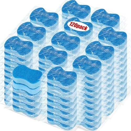 120 Pcs Individually Wrapped Sponges Kitchen Bulk Non Scratch Scouring Sponges for Dishes Household Cleaning Travel Apartments Hotel Car (Blue)