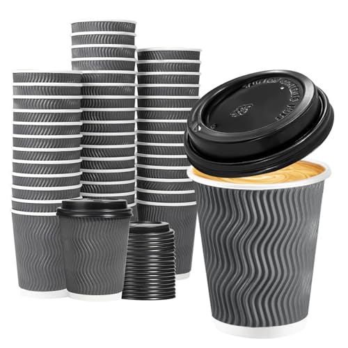 50 Pack 8 oz Insulated Disposable Coffee Cups With Lids (Gray / 8OZ-50Pack)